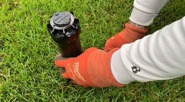 Person in gloves adjusting a lawn irrigation sprinkler head on green grass, demonstrating installation for efficient watering systems.
