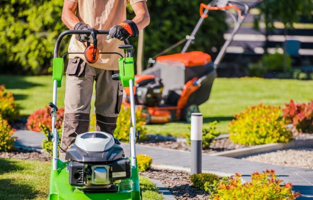 Person using a green lawn mower on a well-maintained lawn, surrounded by colorful shrubs and plants, highlighting landscaping and lawn care services.