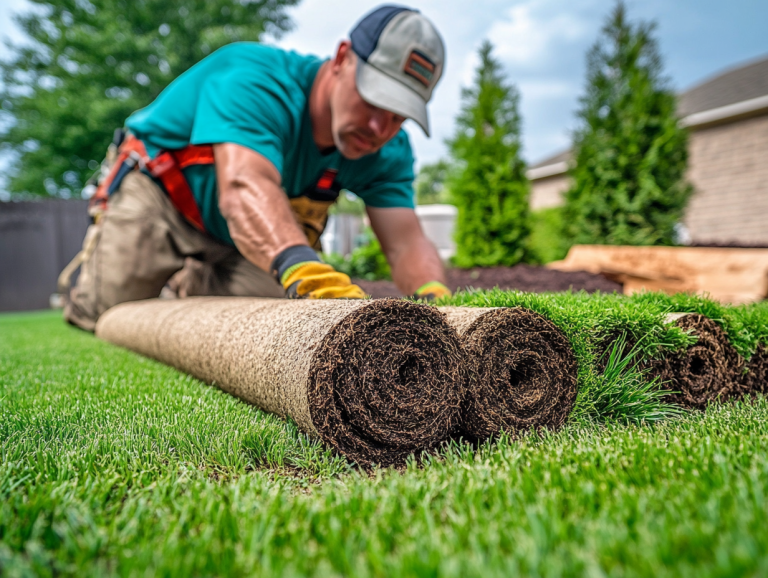Man installing sod rolls on a lush green lawn, showcasing professional sod installation services for homeowners in Lake Keowee.