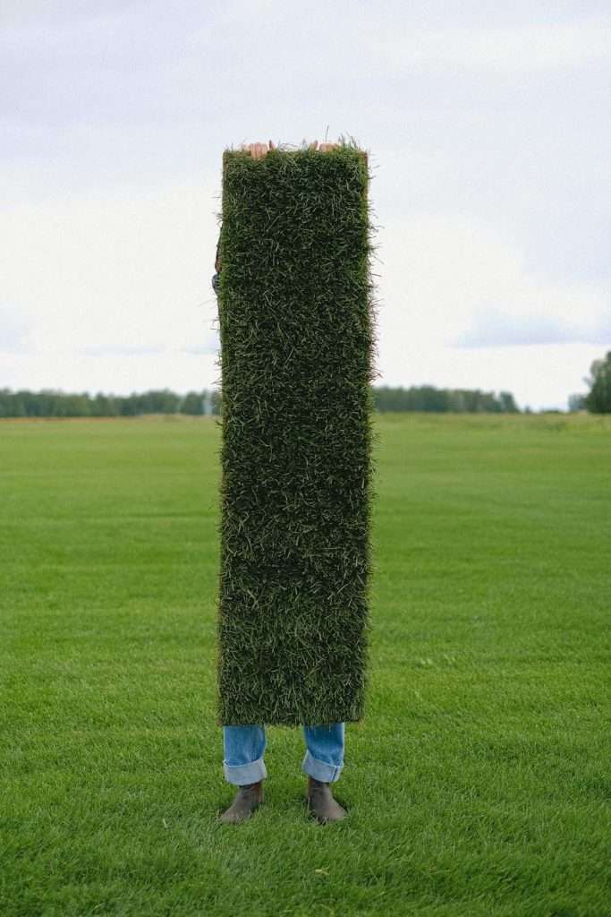 Person holding a vertical strip of sod in a grassy field, illustrating the immediate benefits of sod installation for landscaping and air quality improvement.
