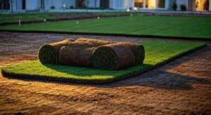 Freshly rolled sod on prepared soil, highlighting sod installation process for a healthy lawn.