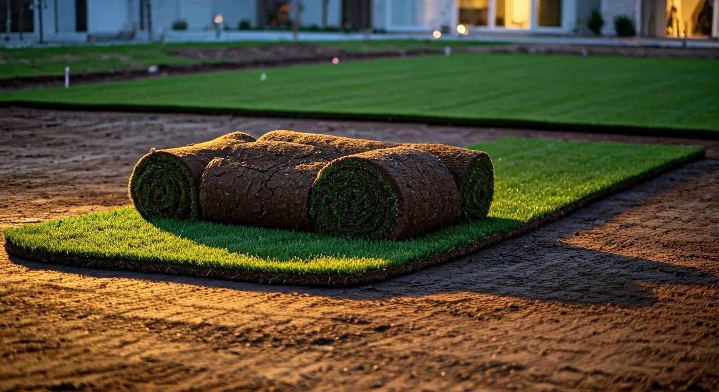Freshly rolled sod on a grassy patch in a landscaped yard, showcasing proper preparation for sod installation and vibrant greenery.