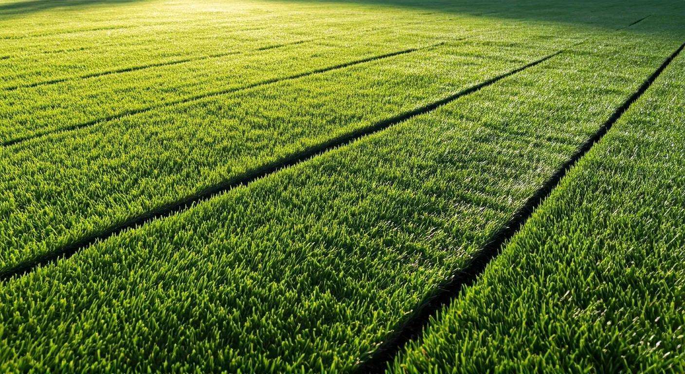 a meticulously arranged landscape of freshly laid sod in a modern urban setting, showcasing precise seams and clean edges on a beautifully leveled surface to highlight the art of professional lawn installation.