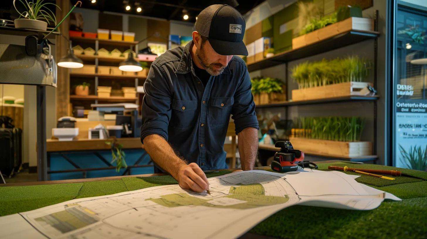 a skilled technician in a well-equipped urban landscaping office meticulously reviews blueprints and sod samples, surrounded by specialized tools and equipment that showcase the precision and care of professional sod installation services.