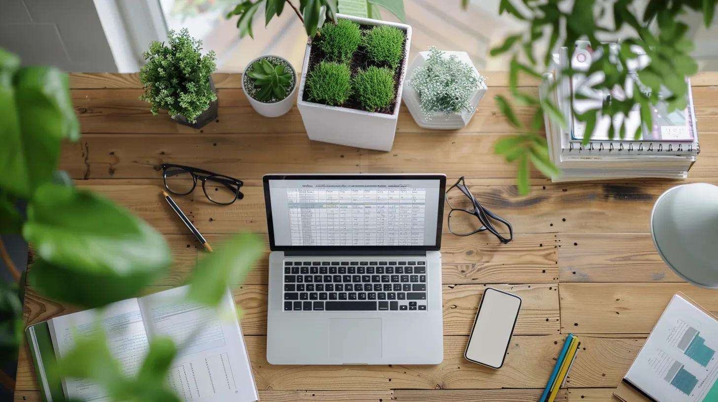 a detailed view of a vibrant office workspace featuring a laptop open to a budget spreadsheet, accompanied by neatly arranged sod samples and tools, emphasizing the strategic planning involved in sod installation costs.