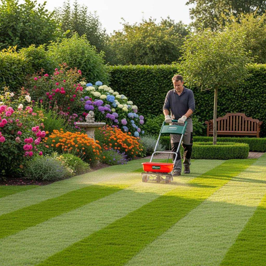 Gardener applying fertilizer to newly installed sod using a spreader in a vibrant garden with colorful flowers and neatly trimmed hedges.